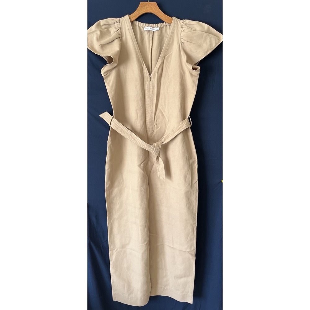 Rebecca Minkoff Linen jumpsuit Puff Sleeves Tan V neck Crop tie Waist Small